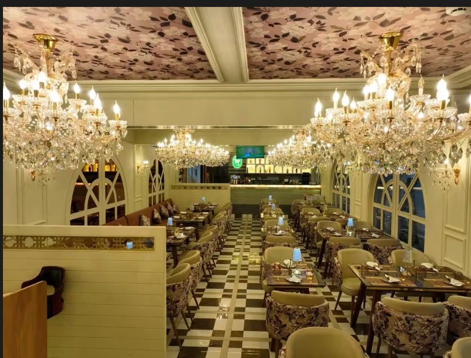 Cabana cafe chandelier dining hall seating, Preet Vihar Delhi